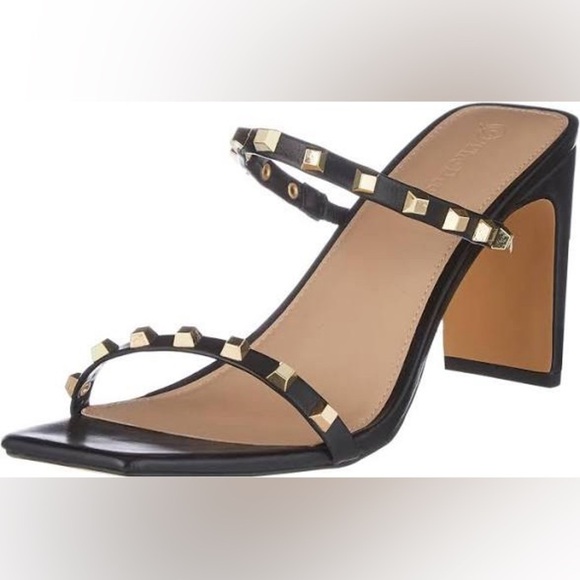 The Drop Shoes - The Drop Avery Black Square Toe 2 Strap Studded High Heeled Black Sandals Sz 7
